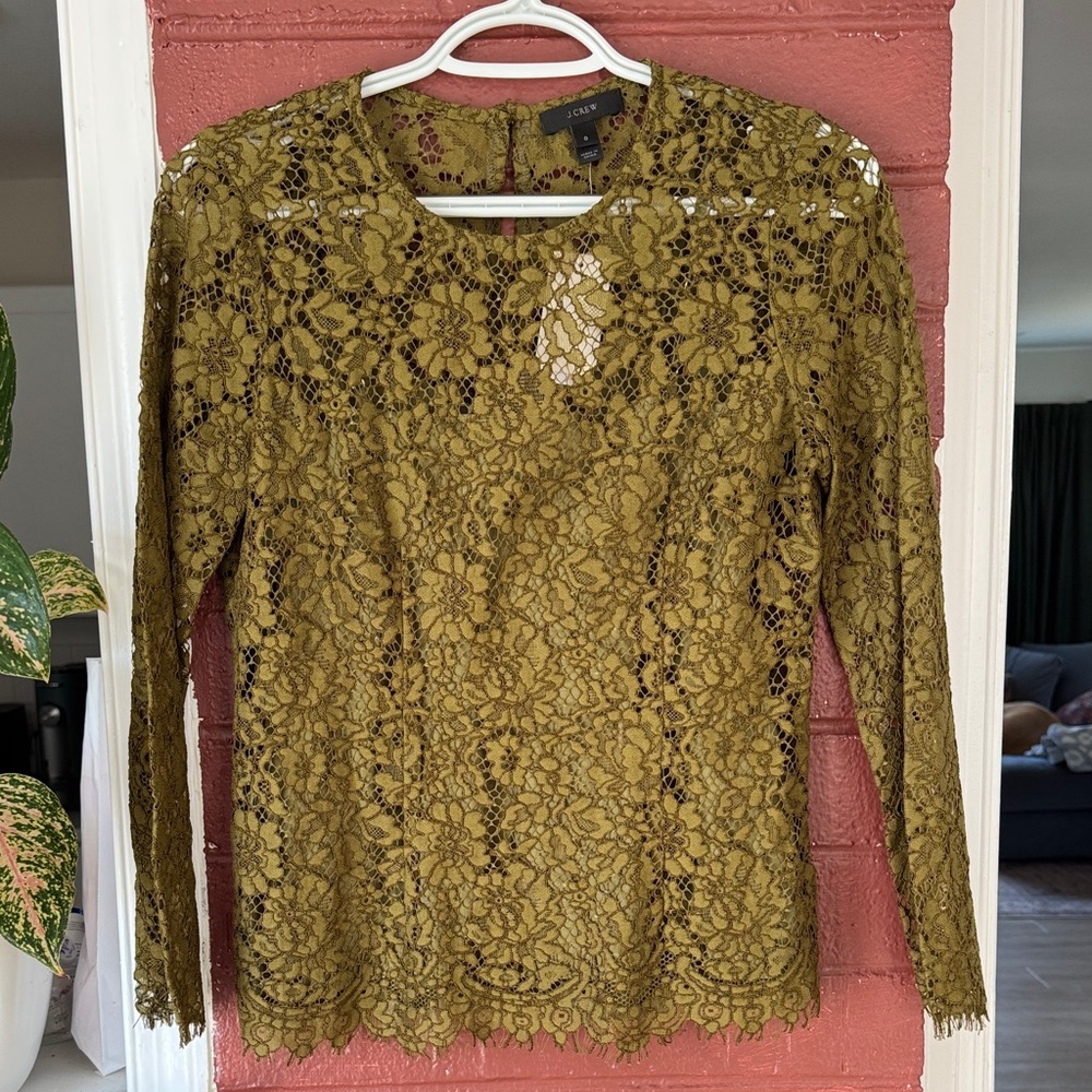 J. Crew NWT Olive Long Sleeve Lace Blouse with Lining